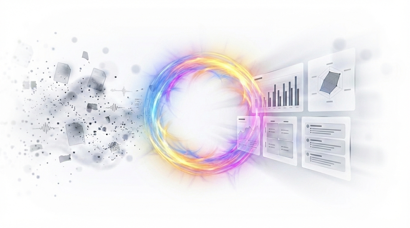 Data flows through the Aura intelligence ring, transforming into structured strategic artifacts