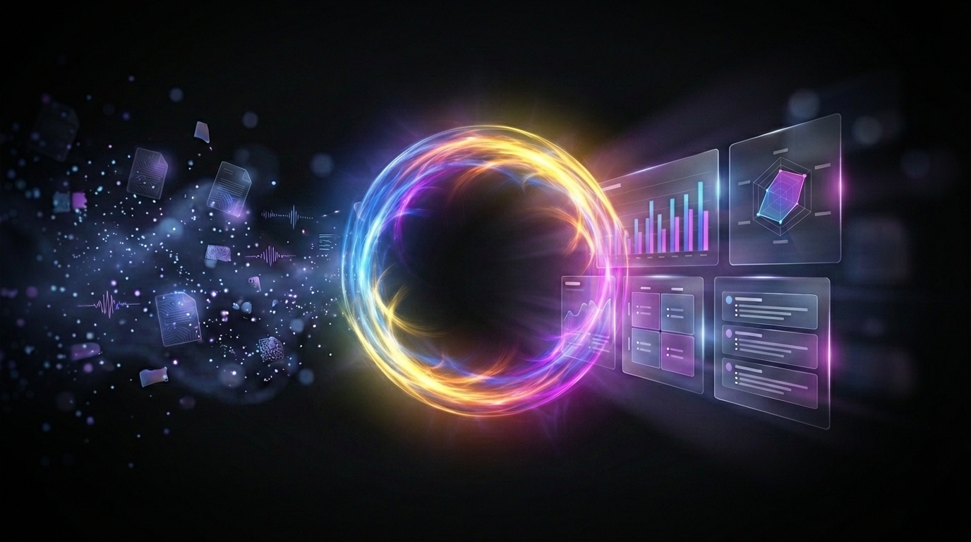 Data flows through the Aura intelligence ring, transforming into structured strategic artifacts